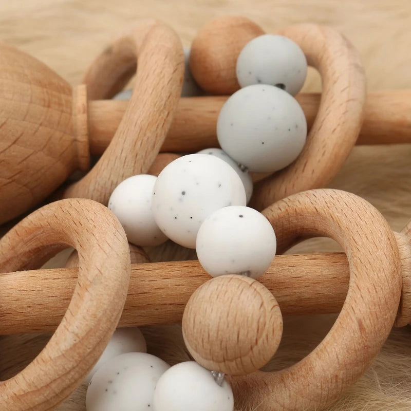 1Pc Baby Teether Toys Beech Wood Baby Rattle BPA Free Rodent Silicone Beads Music Rattle Newborn Play Gym Educational Toys