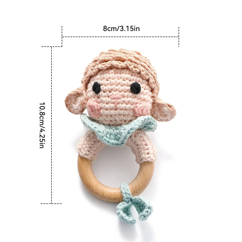 Wooden Teether Baby Teething Ring Bpa-Free Animal Crochet Rattle Montessori Children'S Toy Newborn Gift Crocheted Sheep Rattle