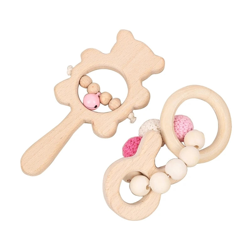 1Pc Baby Teether Toys Beech Wood Baby Rattle BPA Free Rodent Silicone Beads Music Rattle Newborn Play Gym Educational Toys
