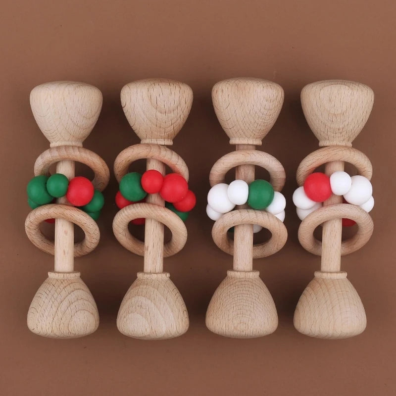 1Pc Baby Teether Toys Beech Wood Baby Rattle BPA Free Rodent Silicone Beads Music Rattle Newborn Play Gym Educational Toys