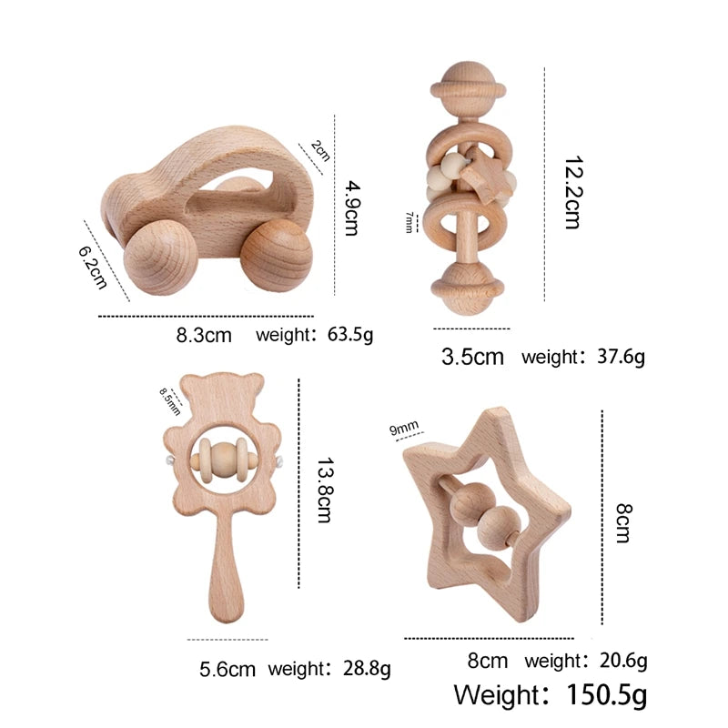 Baby Holzrassel aus Buche — BPA-frei Motorikspielzeug Montessori 0-12 Monate