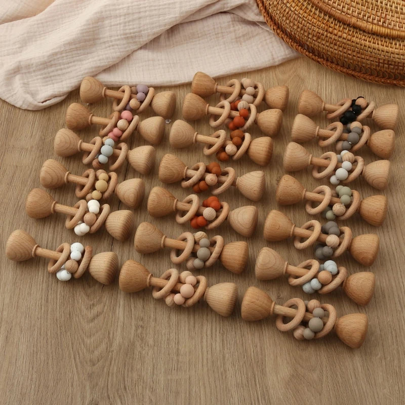 1Pc Baby Teether Toys Beech Wood Baby Rattle BPA Free Rodent Silicone Beads Music Rattle Newborn Play Gym Educational Toys