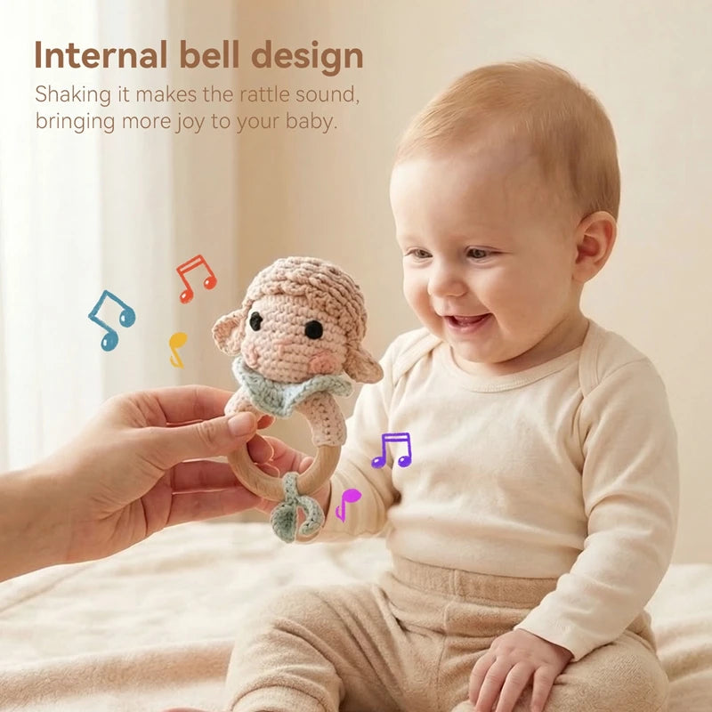 Wooden Teether Baby Teething Ring Bpa-Free Animal Crochet Rattle Montessori Children'S Toy Newborn Gift Crocheted Sheep Rattle
