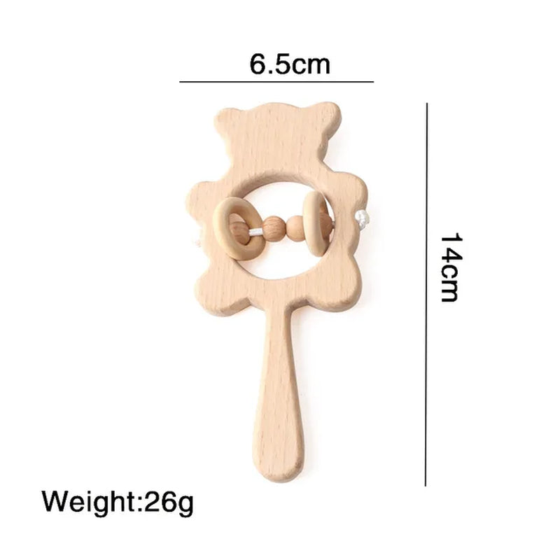 Baby Toys Wooden Rattles Sets Beech Hand Teething Cartoon Animal Bear Baby Rattles Musical Montessori Educational Toy Gifts
