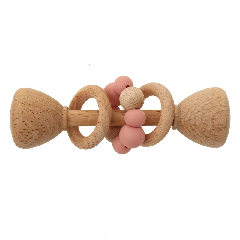 1Pc Baby Teether Toys Beech Wood Baby Rattle BPA Free Rodent Silicone Beads Music Rattle Newborn Play Gym Educational Toys