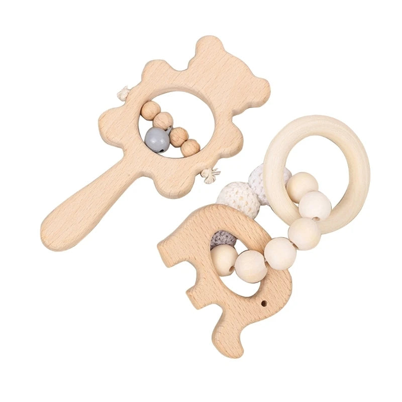 1Pc Baby Teether Toys Beech Wood Baby Rattle BPA Free Rodent Silicone Beads Music Rattle Newborn Play Gym Educational Toys