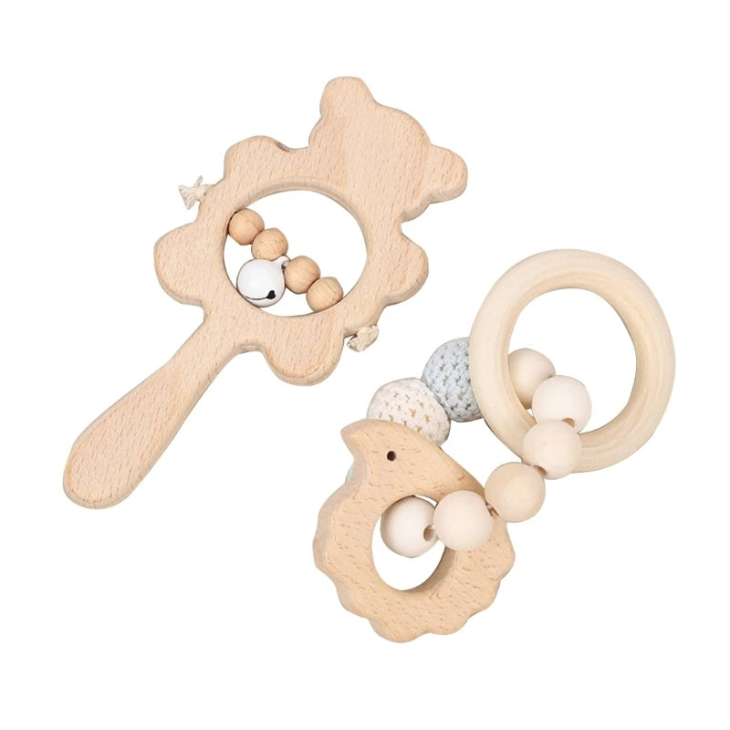 1Pc Baby Teether Toys Beech Wood Baby Rattle BPA Free Rodent Silicone Beads Music Rattle Newborn Play Gym Educational Toys