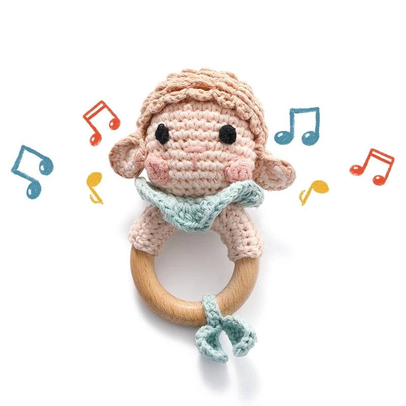 Wooden Teether Baby Teething Ring Bpa-Free Animal Crochet Rattle Montessori Children'S Toy Newborn Gift Crocheted Sheep Rattle
