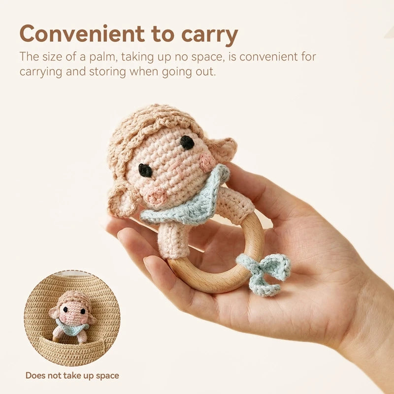 Baby Beißring Naturholz BPA-frei — Häkel-Rassel Montessori Spielzeug ab Geburt