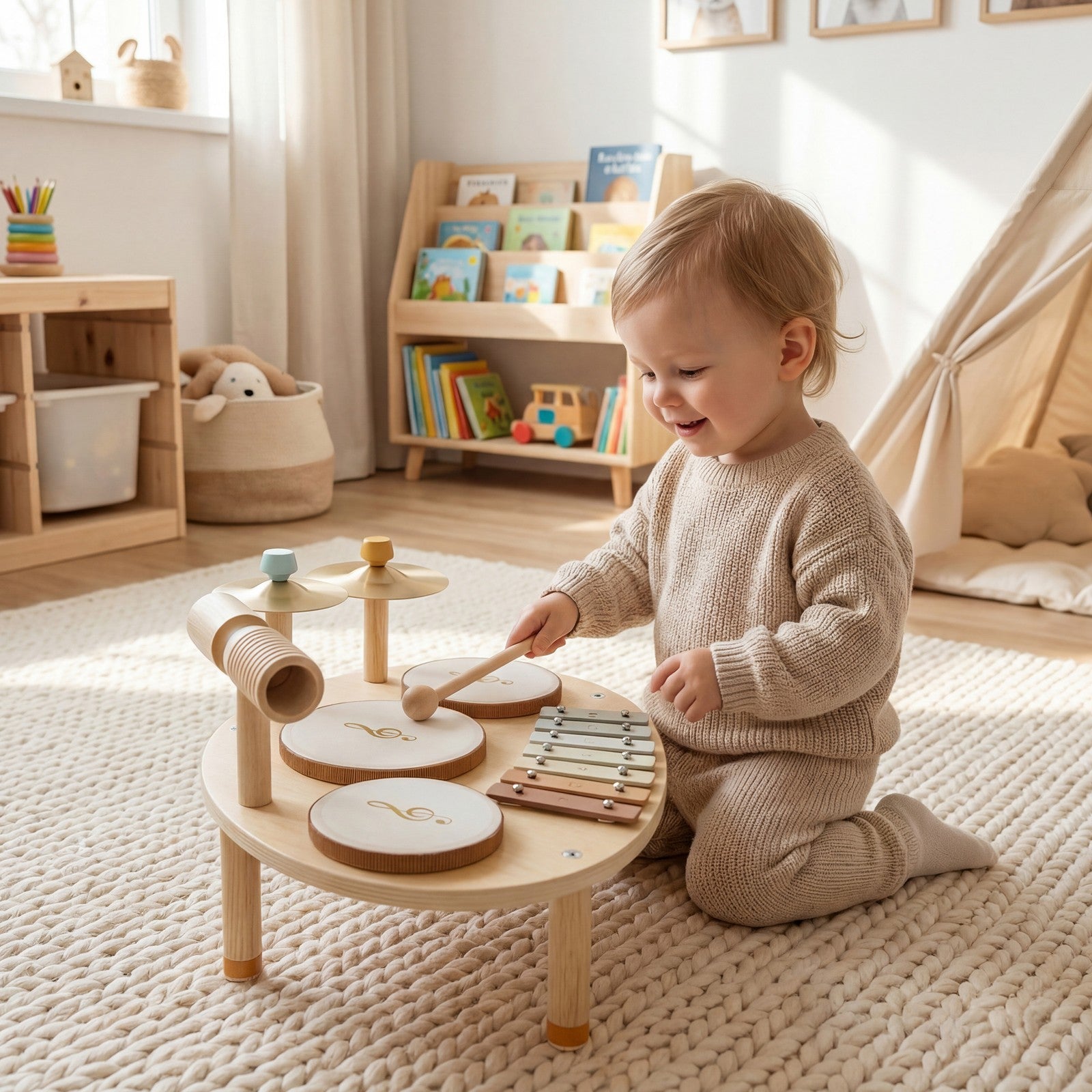 Montessori Musikinstrument-Set Kinder — Holztrommel 4-in-1 BPA-frei Babyspielzeug