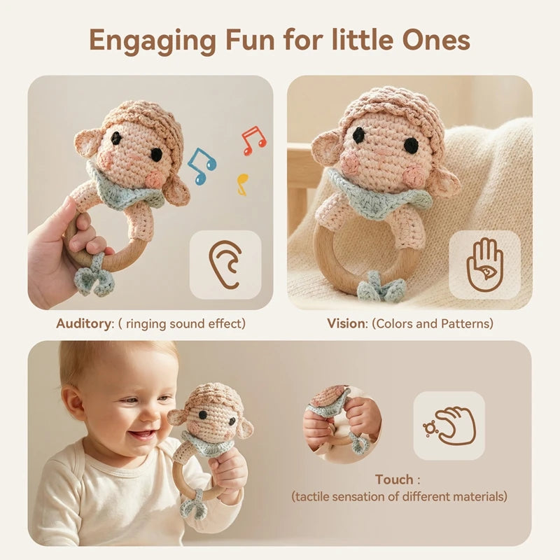 Baby Beißring Naturholz BPA-frei — Häkel-Rassel Montessori Spielzeug ab Geburt