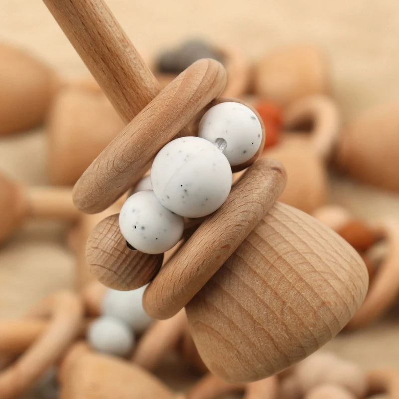 1Pc Baby Teether Toys Beech Wood Baby Rattle BPA Free Rodent Silicone Beads Music Rattle Newborn Play Gym Educational Toys